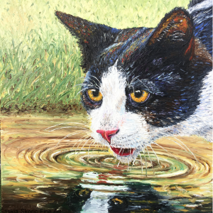 From a Golden Pond, fingerpainting oil painting cat portrait by Saskia Skoric